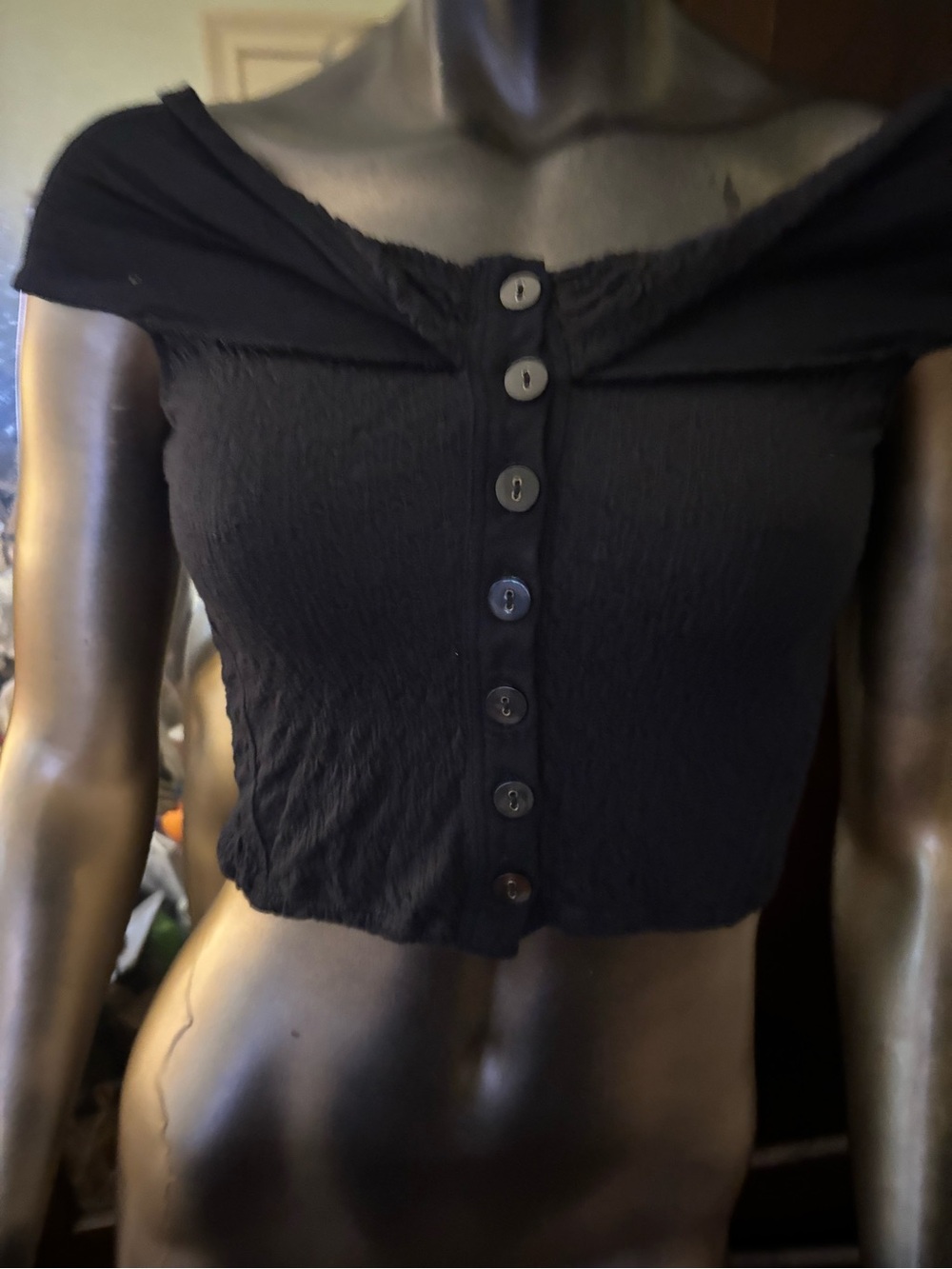 Free People Black Off-Shoulder Button-Front Crop Top
